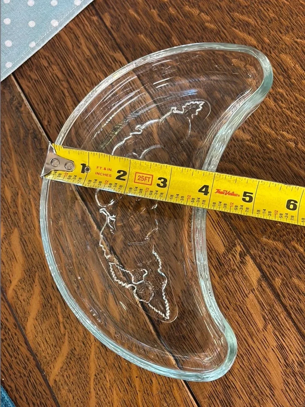 Vintage clear crescent shaped glass side or bone dishe with fruit design